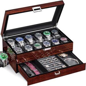 High-End Watch Case, 12-Slot Watch Box with Valet Drawer, 2-Layer Wooden Box